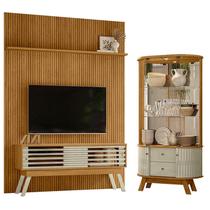Painel Piso Teto New Interlagos Cumaru com Rack Bancada Frizz 1.5 New Premium com Cristaleira Moss Cumaru Opala - Madetec Painel Piso Teto New Interlagos Cumaru com Rack Bancada Frizz 1.5 New Premium com Cristaleira Moss Cumaru Opala - Madetec