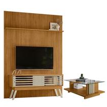 Painel Piso Teto New Interlagos Cumaru com Rack Bancada Frizz 1.5 New Premium com Mesa de Centro Frizz Cumaru Opala - Madetec