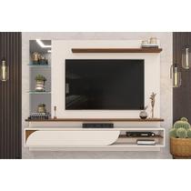 Painel Quarto p/ TV até 60 polegadas Ravi c/ Prateleiras e Nicho 180x152cm Off White/Freijó - DJ Móveis