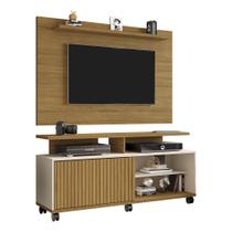 painel rack de tv 50 polegadas sala 5 prateleiras 1 porta 136 cm altura 63 cm cor marrom e off white