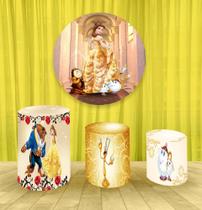 Painel Redondo 1,50m E Trio Capa De Cilindro Bela e a Fera mod 1