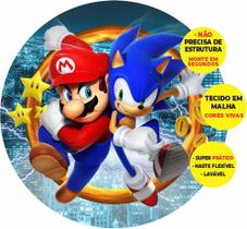 Painel Redondo 3D Sonic Vs Mario Abre Fácil Tecido 1,50M X