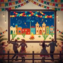 Painel Retangular de Lona Festa Junina Arraia Cidade Fogueira Bandeirinhas Cactos Noite Painel Retangular de Lona Festa Junina Arraia Cidade Fogueira Bandeirinhas Cactos Noite