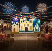 Painel Retangular de Lona Festa Junina Arraia Igrejas Bandeirinhas Noite Fogos de Artificio Painel Retangular de Lona Festa Junina Arraia Igrejas Bandeirinhas Noite Fogos de Artificio