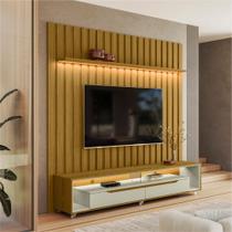 Painel Ripado com Led London 177cm e Rack Loop com Rodízios TV 70 Polegadas Olivar Móveis