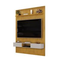 Painel Ripado Com Rack Suspensa Para Tv Até 75 Sala Moderna Com Home Bancada Prateleira Decorativa 1,40x2,40m