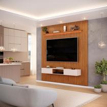 Painel Ripado para TV até 60 Polegadas com MDF 223cmx240cm Led Trento Marrom Freijó/Off White