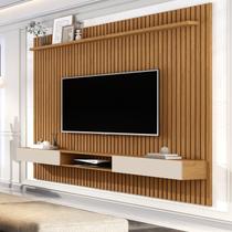 Painel Ripado para TV até 70 Polegadas MDF 185,5cmx218cm Nicho 2 Portas Prateleira Nature Off White Vênus