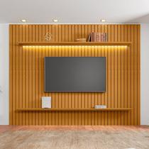 Painel Ripado para TV até 75 Polegadas com LED 100% MDF 230cmx220cm 2 Prateleiras Roma Marrom Cinamomo
