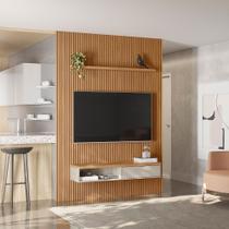 Painel Ripado para TV até 75 Polegadas MDF 180cmx250cm Modular Nicho 1 Prateleira Marrom Nature/Off White