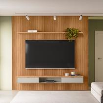 Painel Ripado para TV até 75 Polegadas MDF 260cmx250cm Modular Nicho 1 Prateleira Marrom Nature/Off White Painel Ripado para TV até 75 Polegadas MDF 260cmx250cm Modular Nicho 1 Prateleira Marrom Nature/Off White