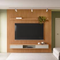 Painel Ripado para TV até 75 Polegadas MDF 260cmx250cm Modular Nicho 1 Prateleira Marrom Nature/Off White Painel Ripado para TV até 75 Polegadas MDF 260cmx250cm Modular Nicho 1 Prateleira Marrom Nature/Off White