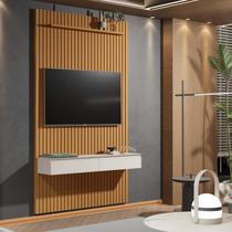 Painel Ripado Suspenso para TV até 55 Polegadas 100% MDF 138,6cmx240cm 2 Gavetas Arbo Marrom Cedro/Off White Painel Ripado Suspenso para TV até 55 Polegadas 100% MDF 138,6cmx240cm 2 Gavetas Arbo Marrom Cedro/Off White