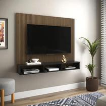 Painel Sala De Estar P/ TV Até 50" Estante De Parede Nicho Prateleira Hall De Entrada Smart Preto Com Ripado G2 Plus