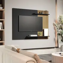 Painel Sala Quarto TV Smart até 55 Polegadas Elena com prateleiras Cor Preto / Ripado - MJM Casa dos Moveis