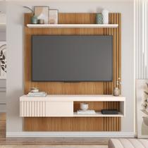 Painel Selina Ripado 150cm para TV até 55 com Porta de Correr e Prateleira MDP Freijo/OffWhite G11 - Gran Belo