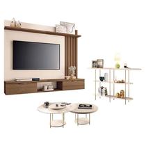 Painel Suspenso Lets Castanho Off White com Kit Mesa de Centro Sky e Aparador Infinity Off White - HB Móveis