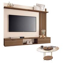 Painel Suspenso Lets Castanho Off White com Mesa de Centro Sky com tampo de Vidro Castanho - HB Móveis