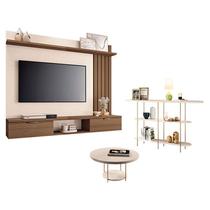 Painel Suspenso Lets Castanho Off White com Mesa de Centro Sky e Aparador Infinity Off White - HB Móveis Painel Suspenso Lets Castanho Off White com Mesa de Centro Sky e Aparador Infinity Off White - HB Móveis