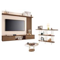 Painel Suspenso Lets Castanho Off White com Mesa de Centro Sky e tampo de Vidro e Aparador Infinity Castanho - HB Móveis Painel Suspenso Lets Castanho Off White com Mesa de Centro Sky e tampo de Vidro e Aparador Infinity Castanho - HB Móveis