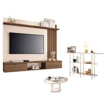 Painel Suspenso Lets com Mesa de Centro Sky com tampo de Vidro e Aparador Infinity Castanho Off White - HB Móveis Painel Suspenso Lets com Mesa de Centro Sky com tampo de Vidro e Aparador Infinity Castanho Off White - HB Móveis