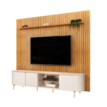 Painel Suspenso Ripado Trento C/ Rack Bancada MDF Ariana Sala Estar TV Até 75 Polegadas 3 Portas 1 Prateleira de Vidro