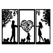 Painel trio Família Casal + Menina + 3 Cachorros em MDF 3mm Preto Decorativo Quadro Vazado