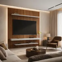 Painel Tv 60 Polegadas Atlas Ripado De Madeira Sala De Estar Sala De TV MDF 150cm Com Prateleiras