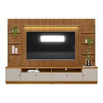 Painel Tv Até 75" Ripado Com Rack E Módulos Laterais Nature E Off White 268x198 Cm L04 - D'rossi