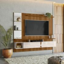 Painel Vega p/ Tvs Até 55'' c/ Gaveteiros e Prateleiras Suporte para Itens - Freijo Ripado/Off White Perolizado