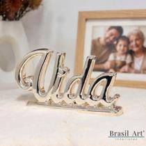 Palavra Decorativa Vida em Cerâmica Cromada Prata Enfeite de Mesa