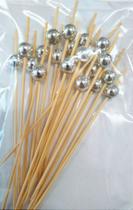 Palito em Bambu p/ petiscos com Bolinhas Prata - 20 un - Silver Festas