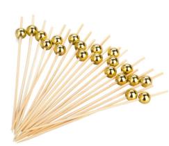 Palito para Petiscos em Bambu Decorado Dourado 9cm - 50 unid