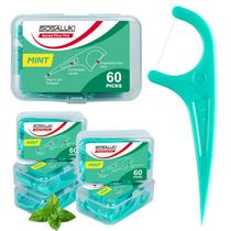 Palitos de fio dental SOSALUK menta, 300 unidades, com 5 estojos de viagem Palitos de fio dental SOSALUK menta, 300 unidades, com 5 estojos de viagem