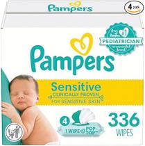 Pampers Sensitive lenços humidecidas à base de água para bebês, hipoalergênicos e sem perfume.