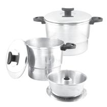 Panela 4 em 1 Banho Maria, Forma Pudim, Cozimento Lento a Vapor Cuscuzeiro Polido ou Craqueado Multiuso Alumínio Cinthya