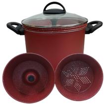 Panela Antiaderente Vermelho e Preto 3x1 Espagueteira Pudim Cuscuz Vapor Top