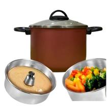 Panela Banho Maria 3 Em 1 Co Tampa de Vidro Vapor Forma Pudim Cuscuz Vermelho e Preto Antiaderente - R & L Panela Banho Maria 3 Em 1 Co Tampa de Vidro Vapor Forma Pudim Cuscuz Vermelho e Preto Antiaderente - R & L