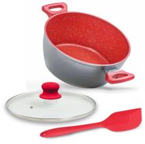 Panela Caçarola 24cm Antiaderente Vermelho Tampa Espátula