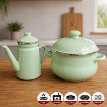 Panela Caçarola 3,6L Bule 1,2L Charm Jade Esmaltada Kit 2pçs