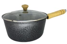 Panela Caçarola Alumínio Preto Cabo e Pomel de Madeira 16 cm Tampa de Vidro