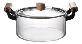 Panela Caçarola De Vidro Com Tampa, Alça de Madeira 3,2L Transparente