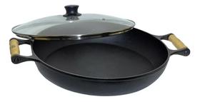 Panela De Ferro Fundido Paella Com Tampa De Vidro 36 Cm