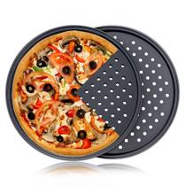Panela de pizza, pacote com 2 unidades, perfurada, antiaderente, de aço carbono, 31 cm Panela de pizza, pacote com 2 unidades, perfurada, antiaderente, de aço carbono, 31 cm