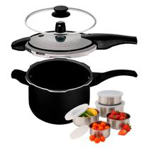 Panela de Pressão 6 Litros 2 em 1Tramontina Vancouver Preto Effect com Jogo de 5 Potes em Aço Inox