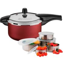 Panela de Pressão 6 Litros Tramontina Vancouver Antiaderente Vermelha Effect com Jogo de 5 Potes em Aço Inox