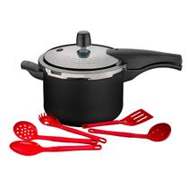 Panela De Pressão Tramontina Vancouver 4,5 Litros Alumínio Antiaderente Preto Com Jogo De Utensílios Vermelhos