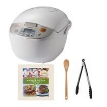 Panela Elétrica de Arroz Micom Zojirushi com Função Manter Aquecido (10 Xícaras/Bege) Kit com Livro de Receitas, Pegador de Cozinha (Aço Inoxidável, Preto) e Colher de Bambu de 38 cm (4 Itens)
