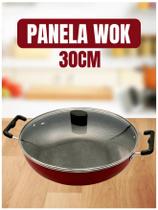 Panela Fridigeira Wok Vermelha 30cm Antiaderente com Tampa de Vidro e Alça Reforçada Paella Cozinha
