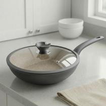 Panela Frigideira Wok Cerâmica Antiaderente 30cm com Tampa Fogão Cooktop Indução Gás Elétrico Pedra Profissional Fritar Ovo Pastel Panqueca Não Gruda
